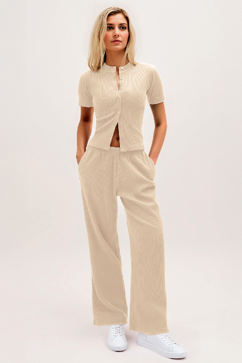 Casual Short Sleeve Button Slim Top & Wide Leg Trousers Co-ord-KATCH ME