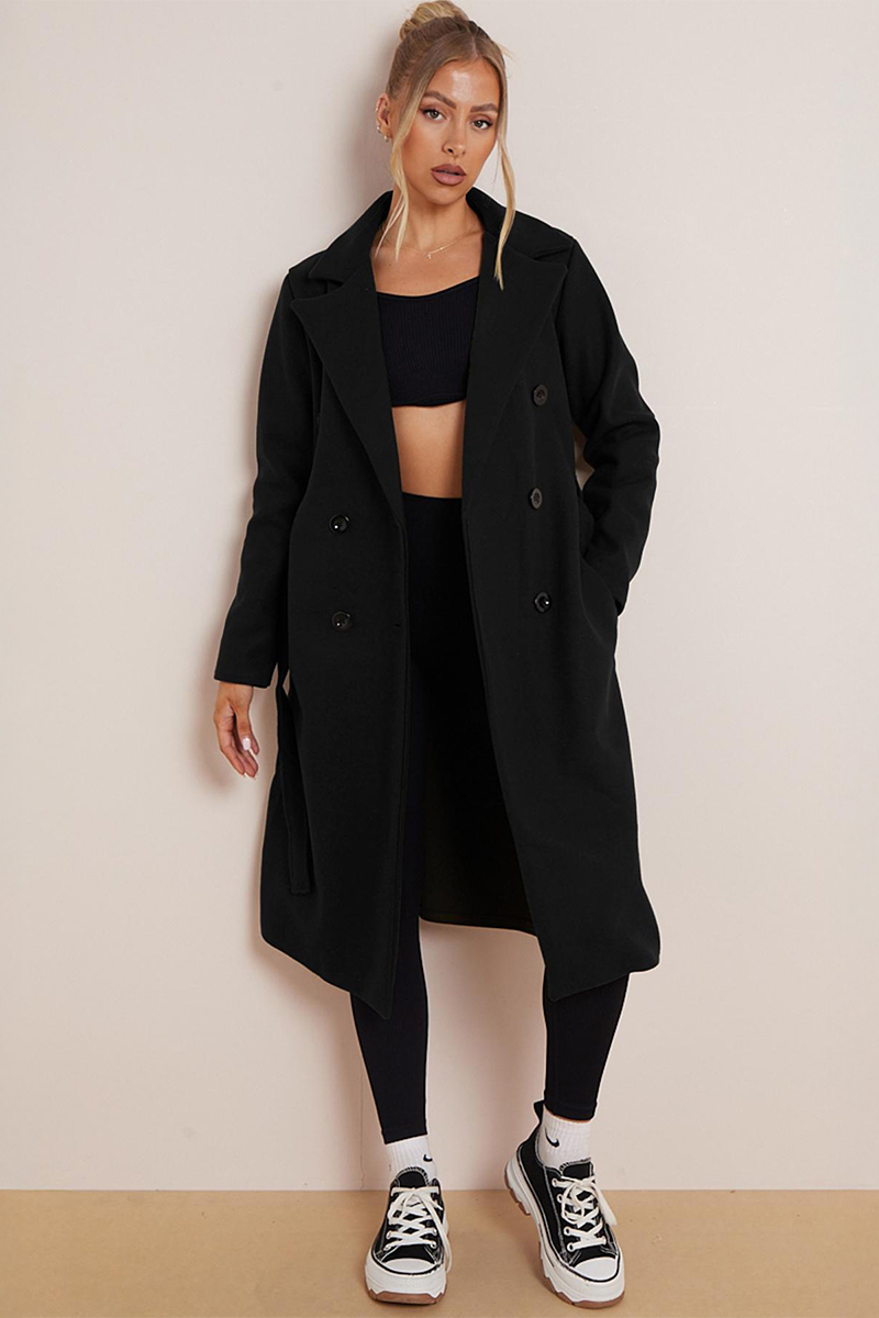 Classy Notch Lapel Double Breasted Waist Tie Thermal Coat