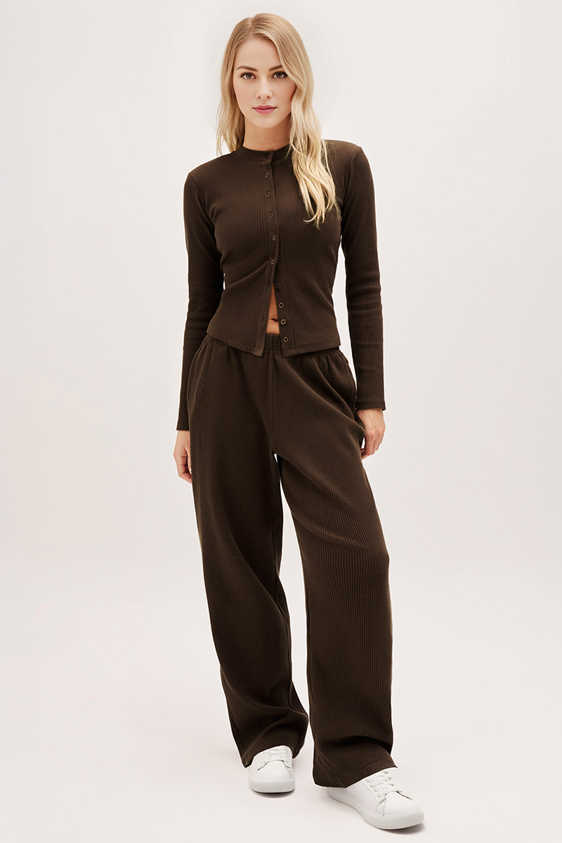 Minimalist Solid Button-Up Top & Wide-Leg Trousers Co-ord-KATCH ME