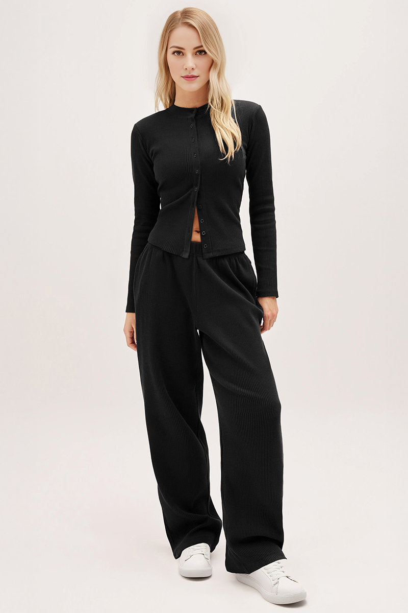 Minimalist Solid Button-Up Top & Wide-Leg Trousers Co-ord-KATCH ME