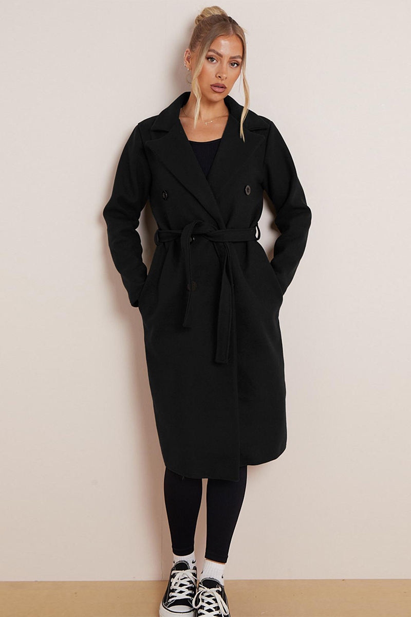Classy Notch Lapel Double Breasted Waist Tie Thermal Coat
