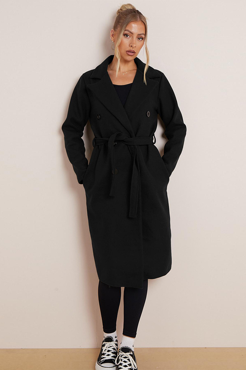 Classy Notch Lapel Double Breasted Waist Tie Thermal Coat