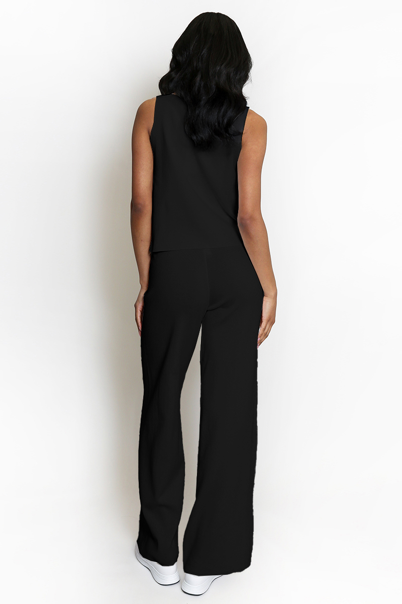 Minimalist Solid V-Neck Button Tank Top & Wide-Leg Trousers Co-ord
