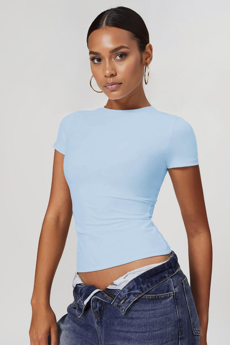Sports Solid Color Round Neck Short Sleeve Slim Top