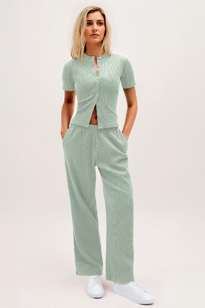 Casual Short Sleeve Button Slim Top & Wide Leg Trousers Co-ord-KATCH ME