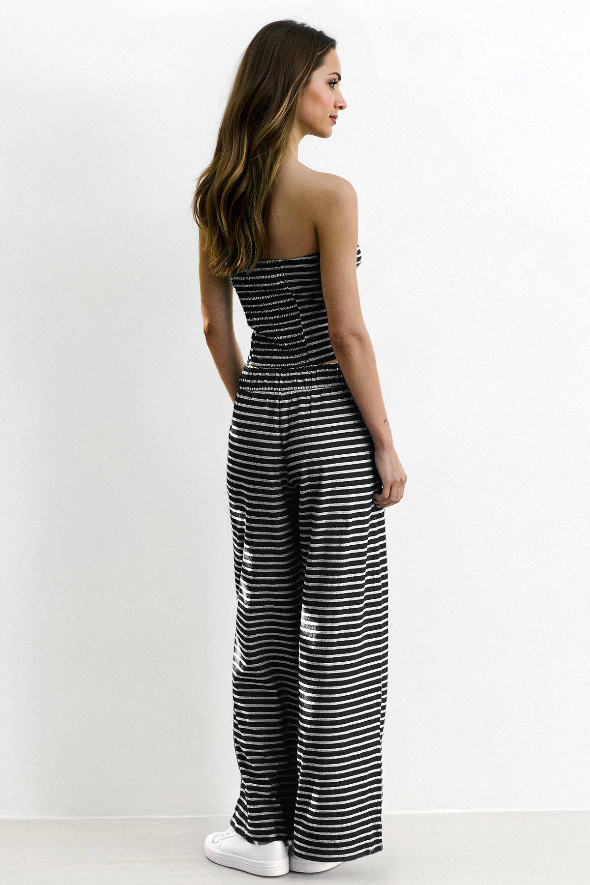 Chic Color Matching Stripe Slim Tube Top & Low-Rise Wide Leg Trousers Co-ord