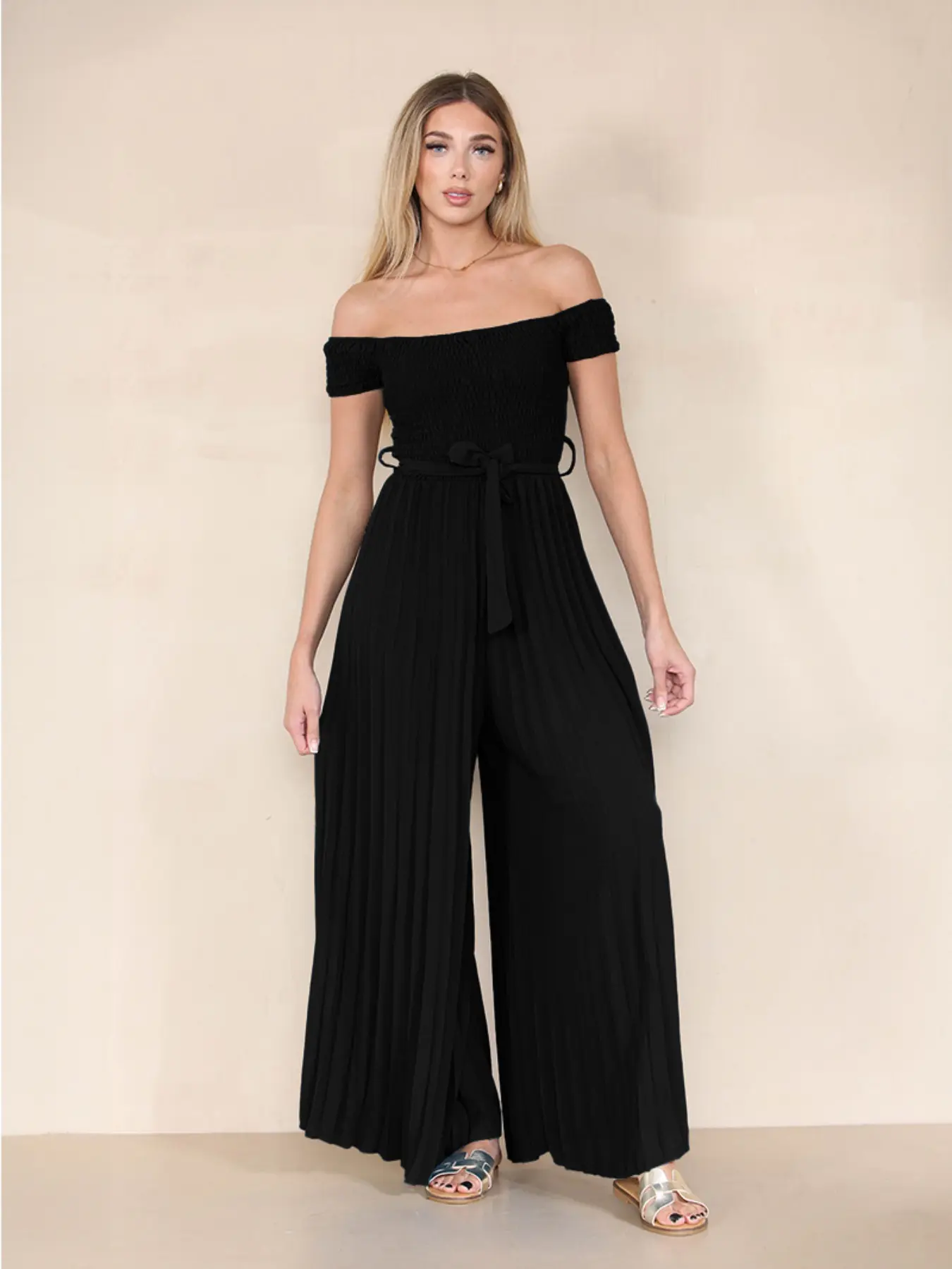 Trendy Off The Shoulder Waist Tie Pleated Jumpsuit-KATCH ME