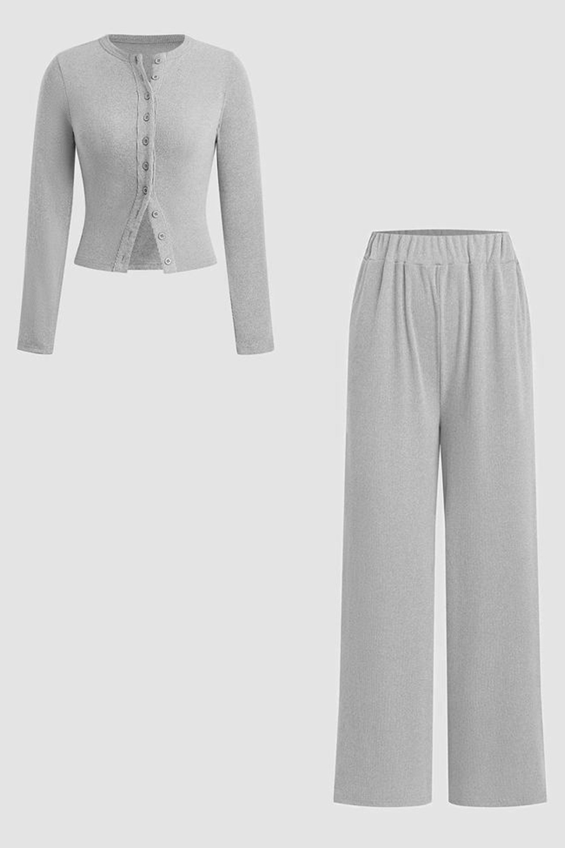 Minimalist Solid Button-Up Top & Wide-Leg Trousers Co-ord-KATCH ME