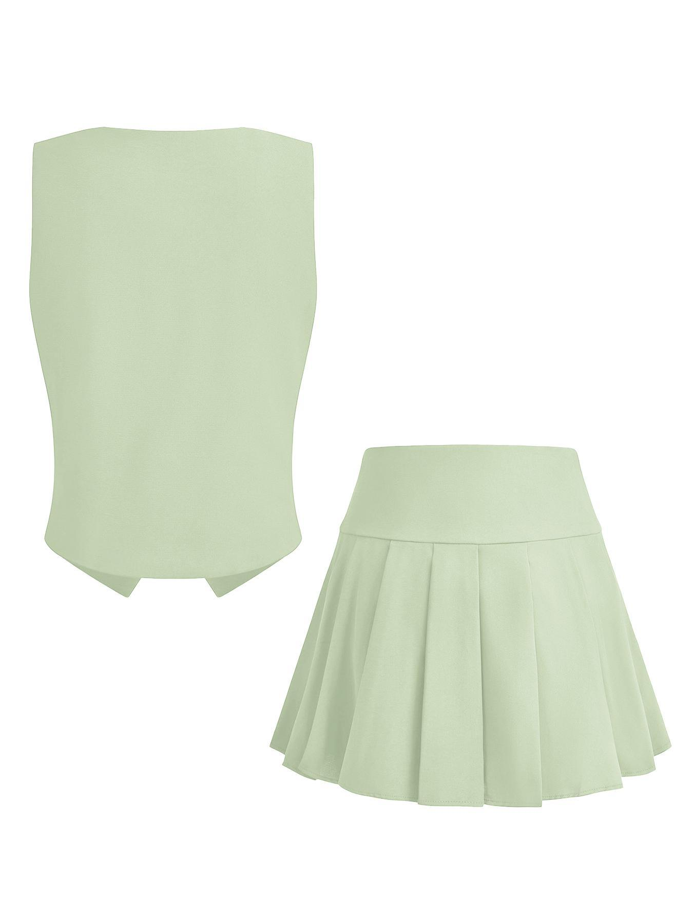 Summer Elegant V Neck Sleeveless Button Tank & Pleated Mini Skirt Co-ord