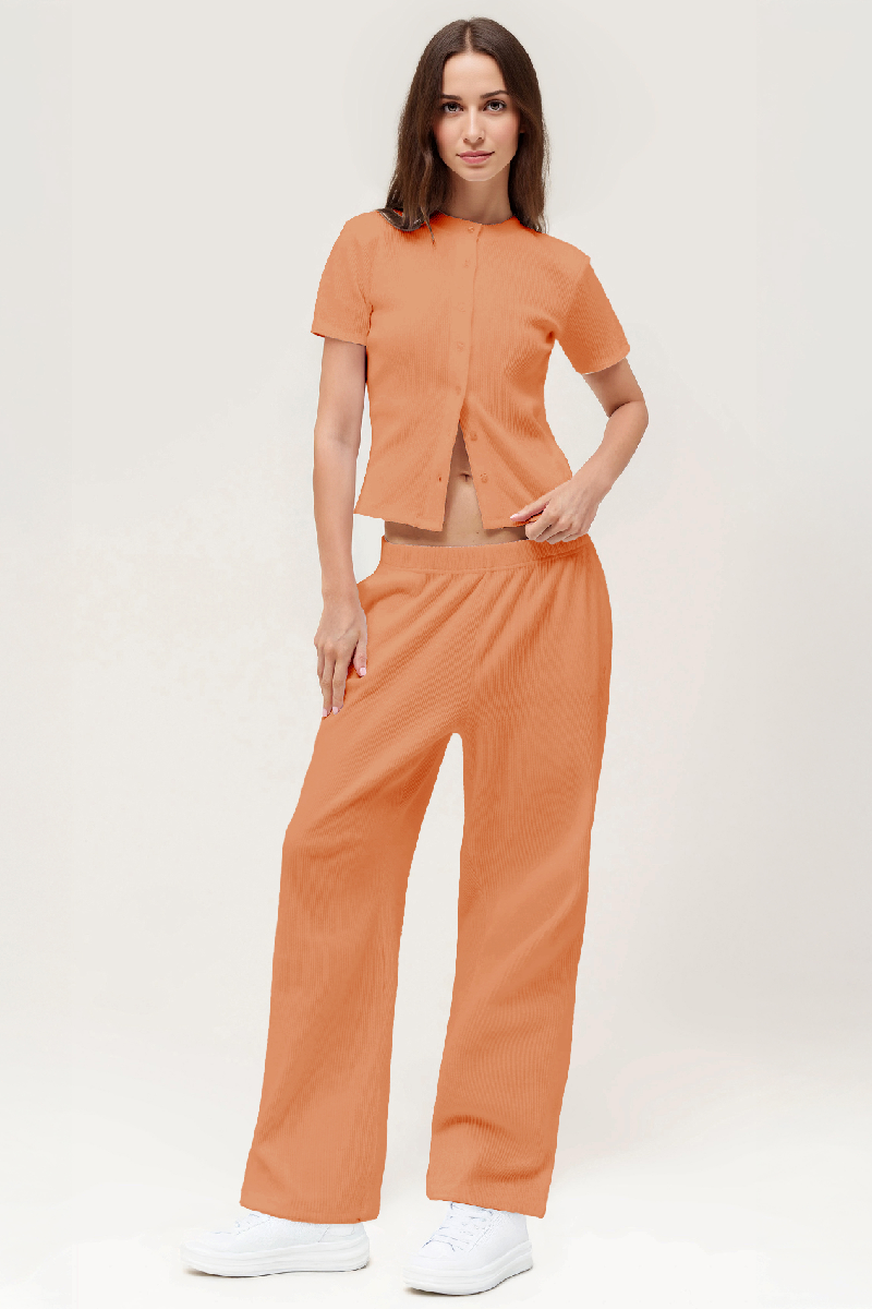 Casual Short Sleeve Button Slim Top & Wide Leg Trousers Co-ord-KATCH ME