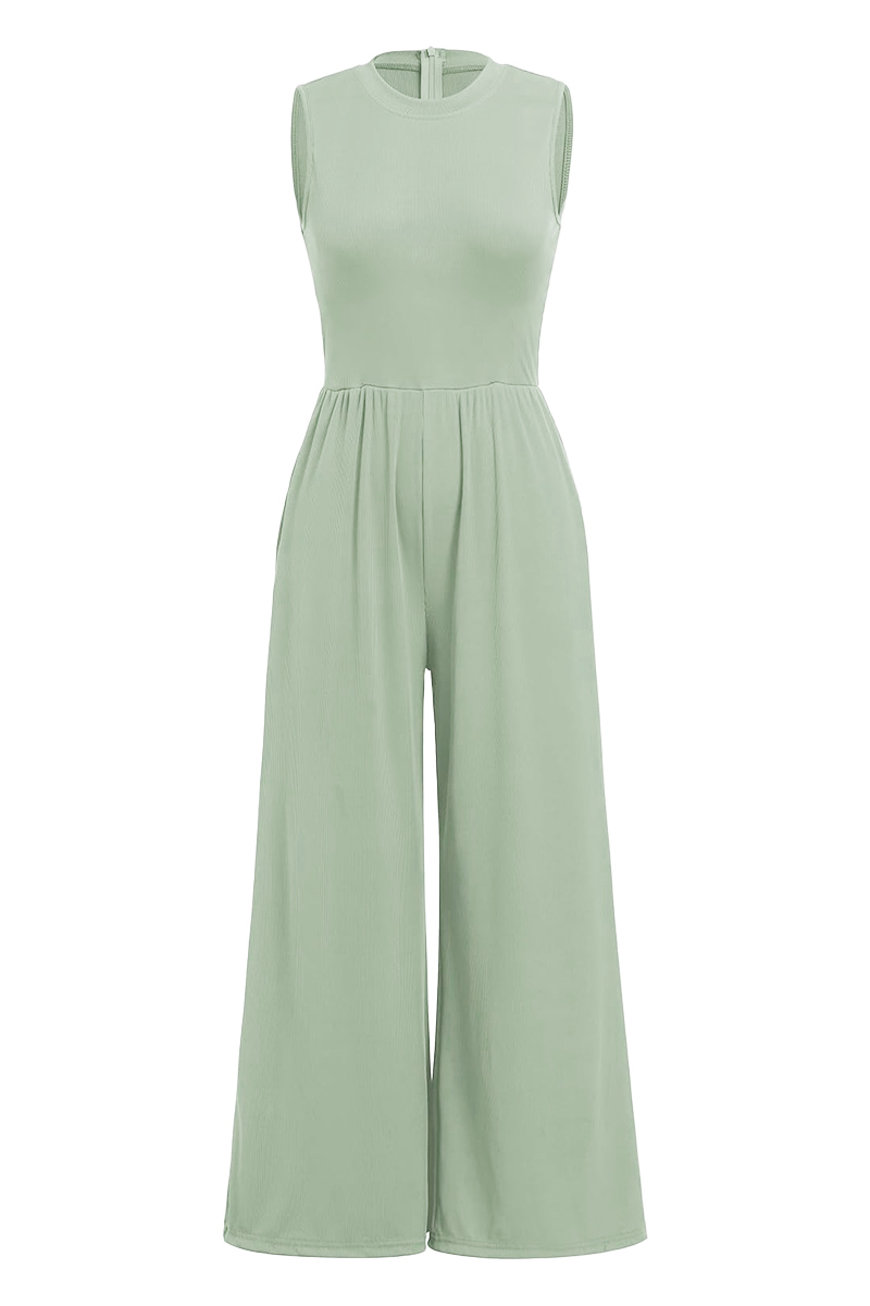 Versatile Plain Crew Neck Sleeveless Thin Waist Wide Leg Jumpsuit