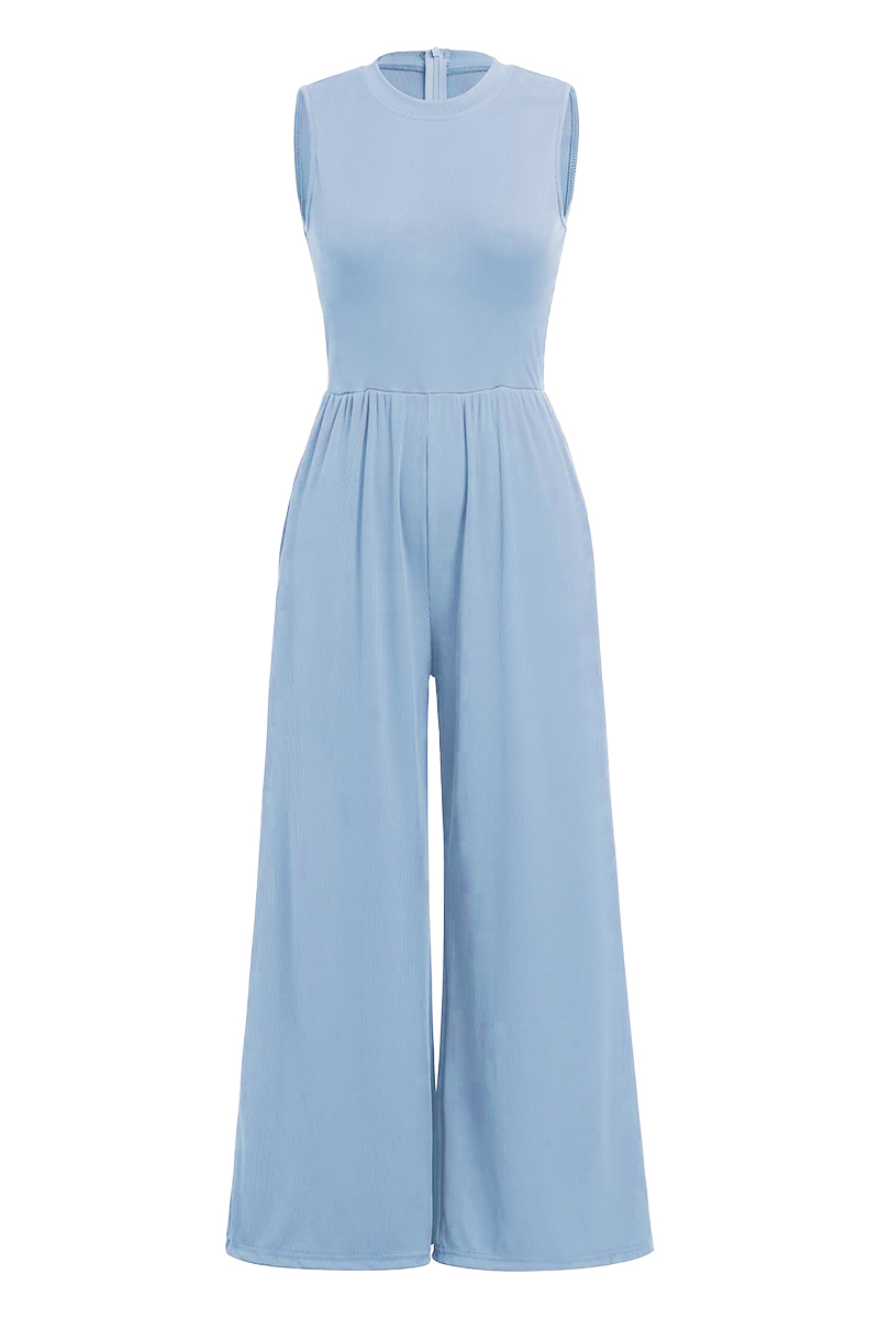 Versatile Plain Crew Neck Sleeveless Thin Waist Wide Leg Jumpsuit