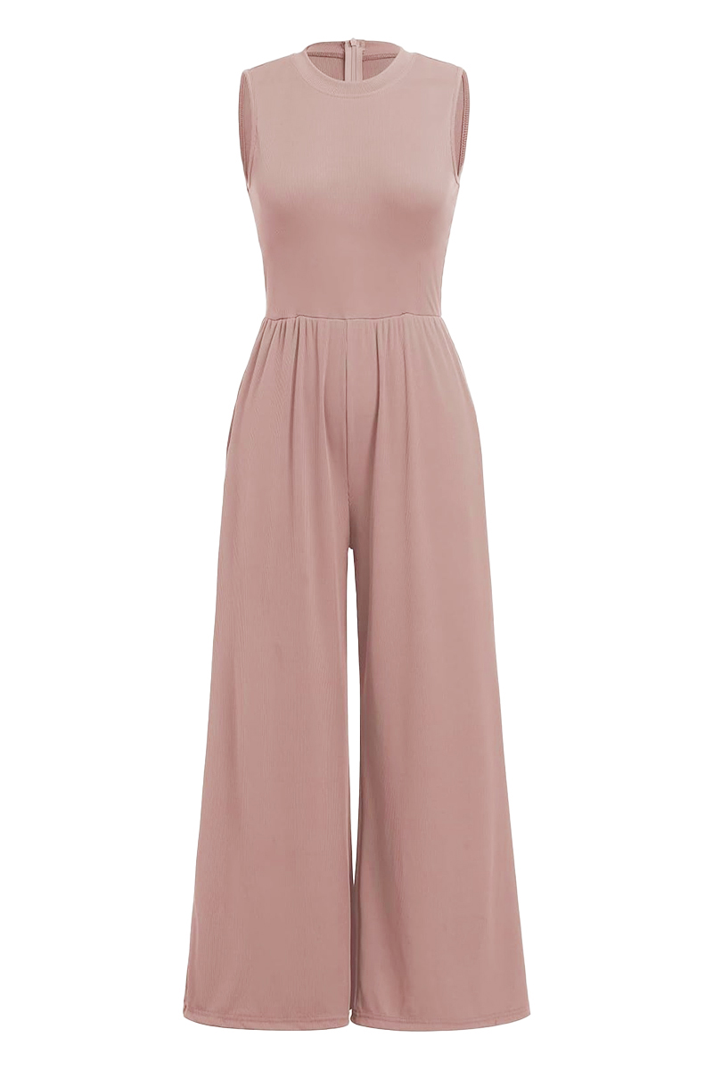 Versatile Plain Crew Neck Sleeveless Thin Waist Wide Leg Jumpsuit