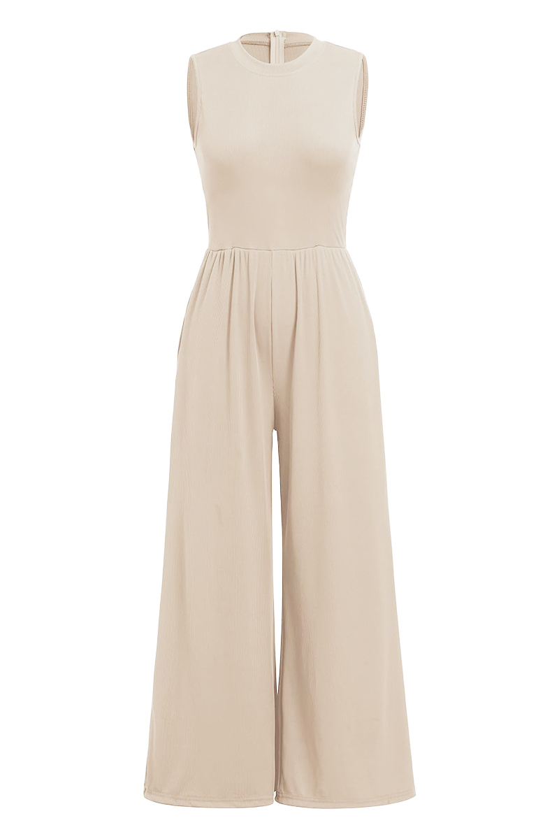 Versatile Plain Crew Neck Sleeveless Thin Waist Wide Leg Jumpsuit