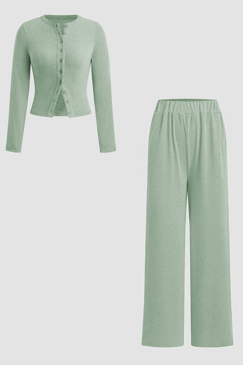 Minimalist Solid Button-Up Top & Wide-Leg Trousers Co-ord