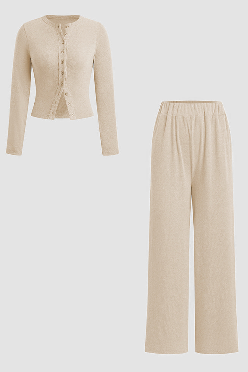 Minimalist Solid Button-Up Top & Wide-Leg Trousers Co-ord