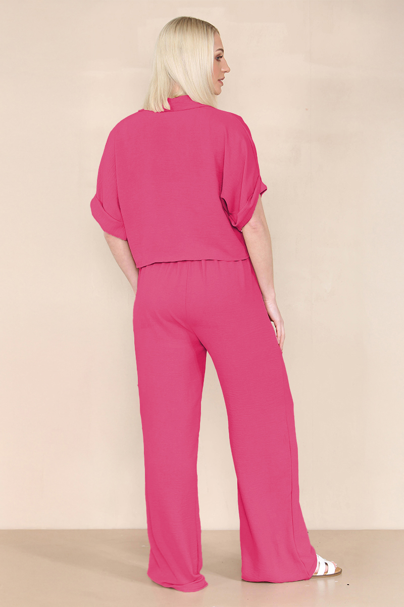 Women's Versatile Short Sleeve Button Crop Top & Wide Leg Trousers Co-ord