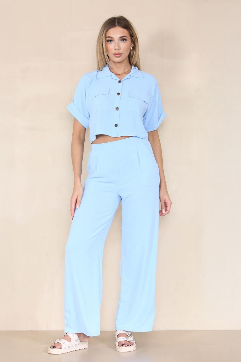 Women's Versatile Short Sleeve Button Crop Top & Wide Leg Trousers Co-ord