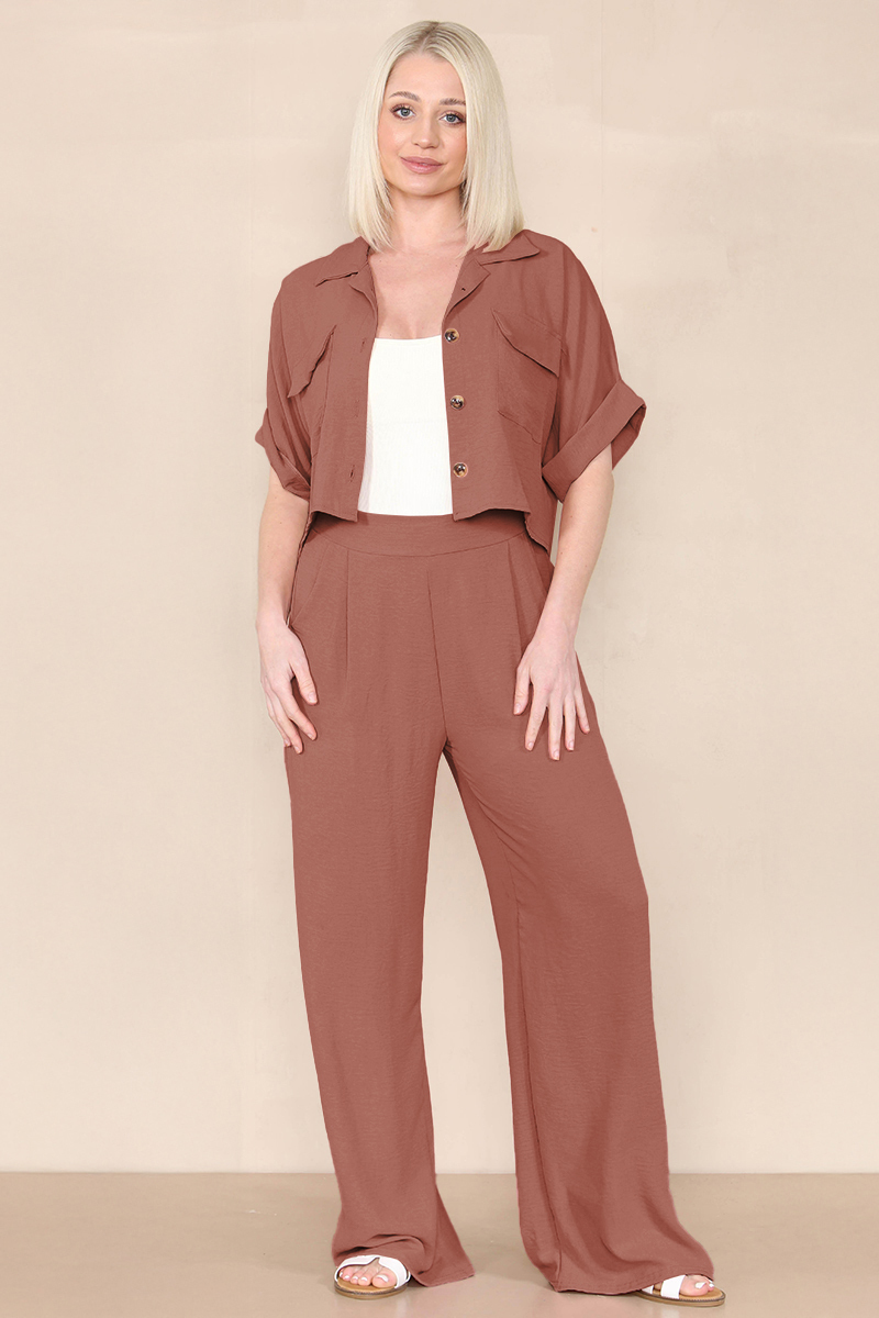 Women's Versatile Short Sleeve Button Crop Top & Wide Leg Trousers Co-ord