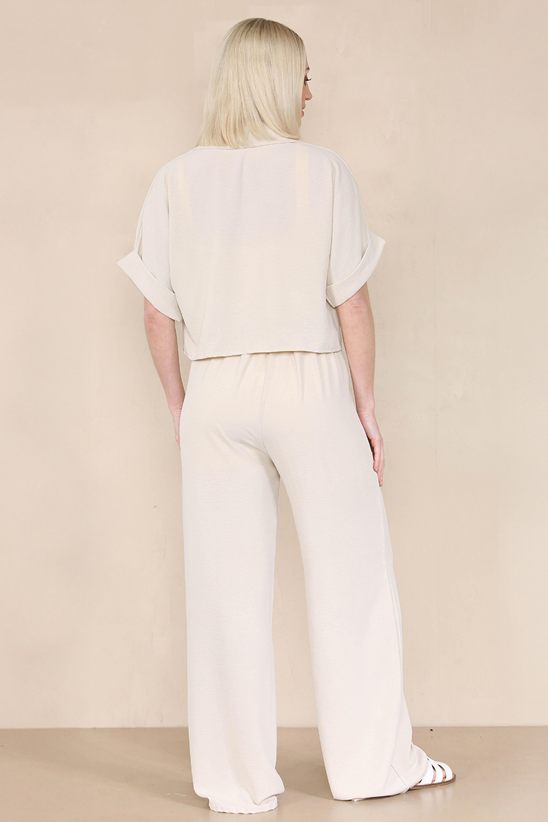 Women's Versatile Short Sleeve Button Crop Top & Wide Leg Trousers Co-ord