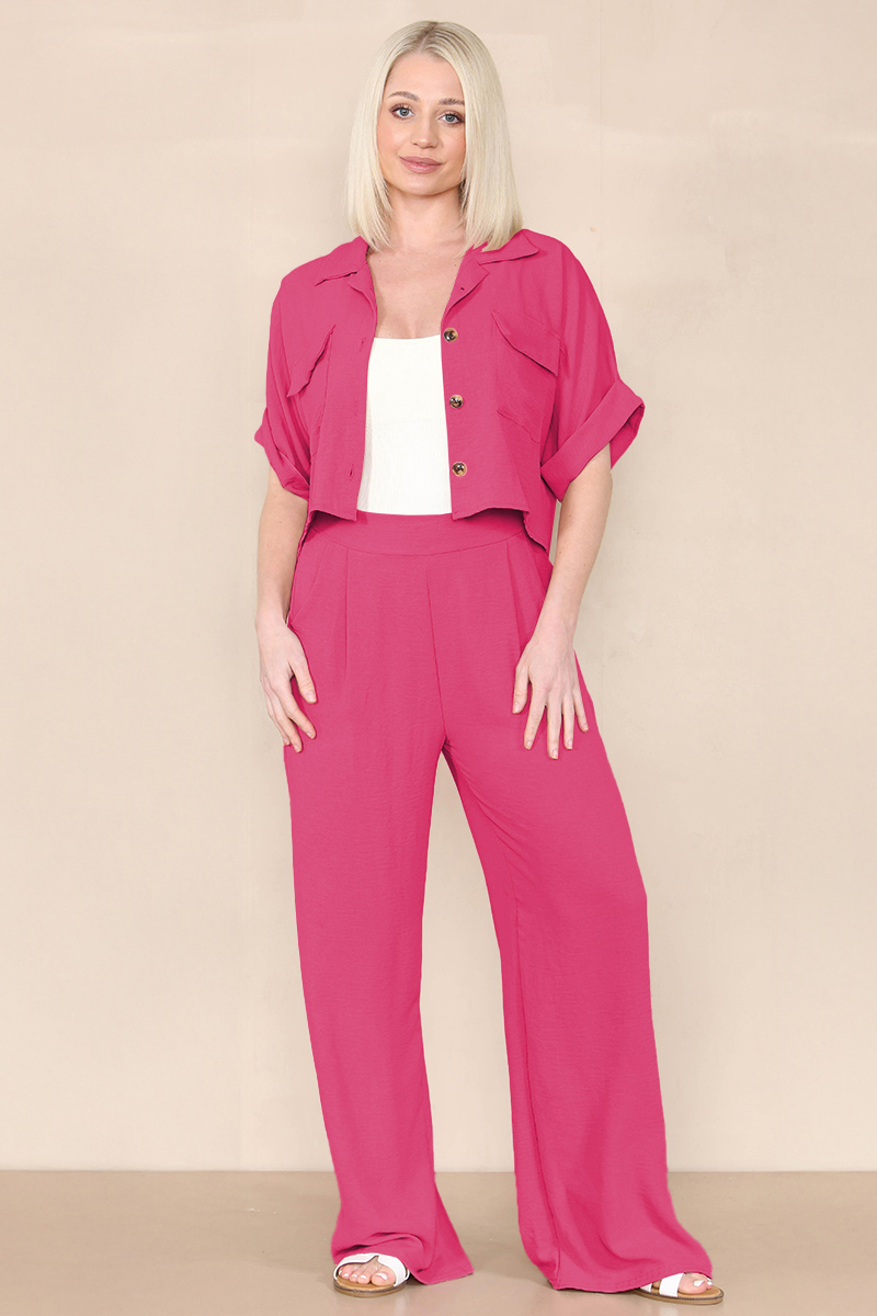 Women's Versatile Short Sleeve Button Crop Top & Wide Leg Trousers Co-ord