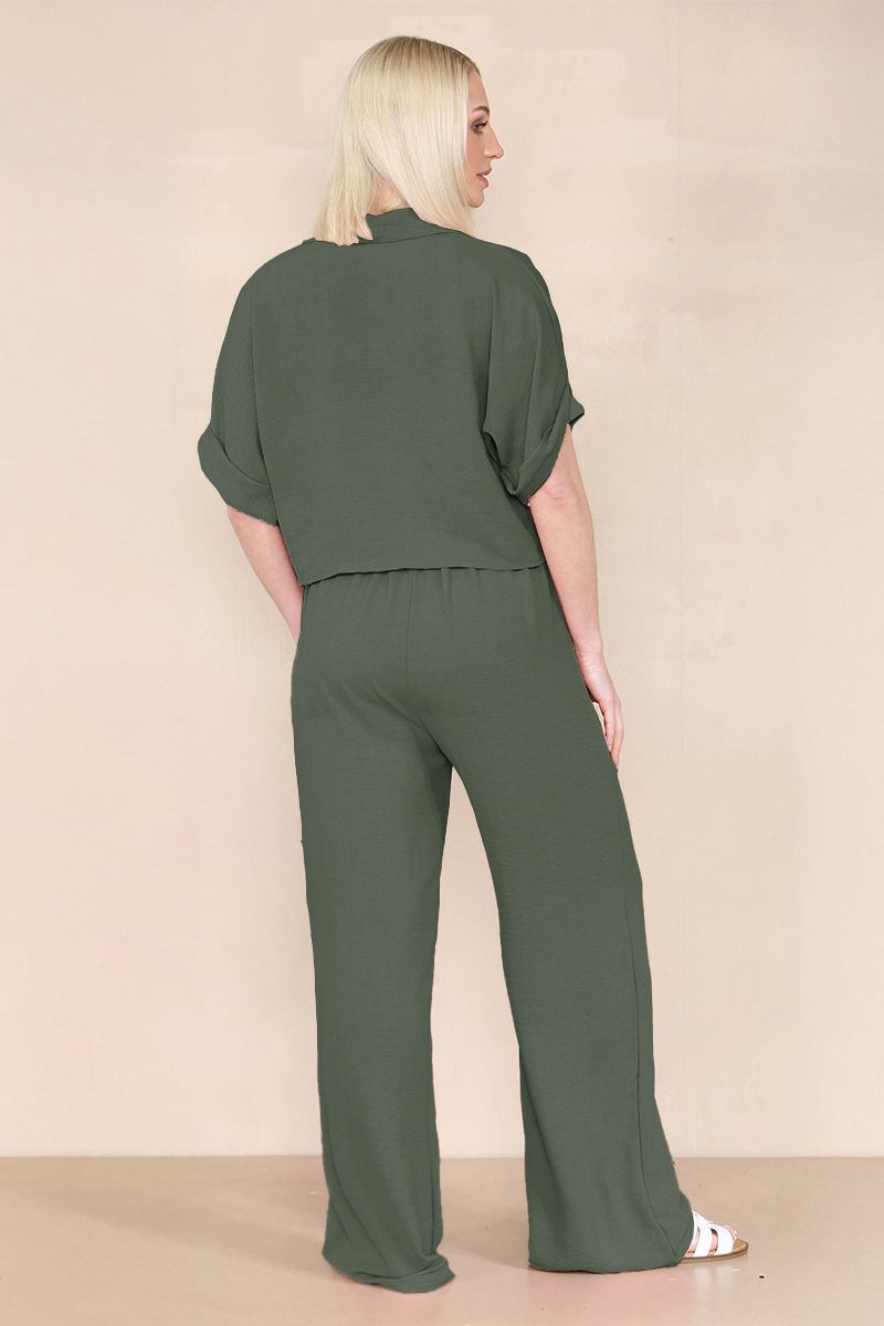 Women's Versatile Short Sleeve Button Crop Top & Wide Leg Trousers Co-ord