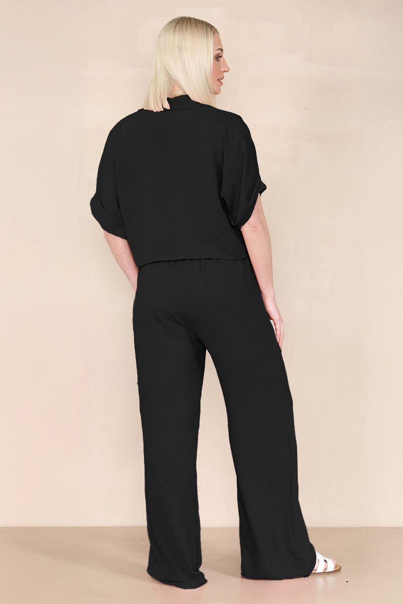 Women's Versatile Short Sleeve Button Crop Top & Wide Leg Trousers Co-ord