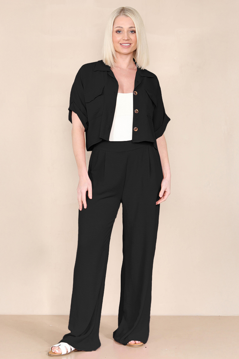 Women's Versatile Short Sleeve Button Crop Top & Wide Leg Trousers Co-