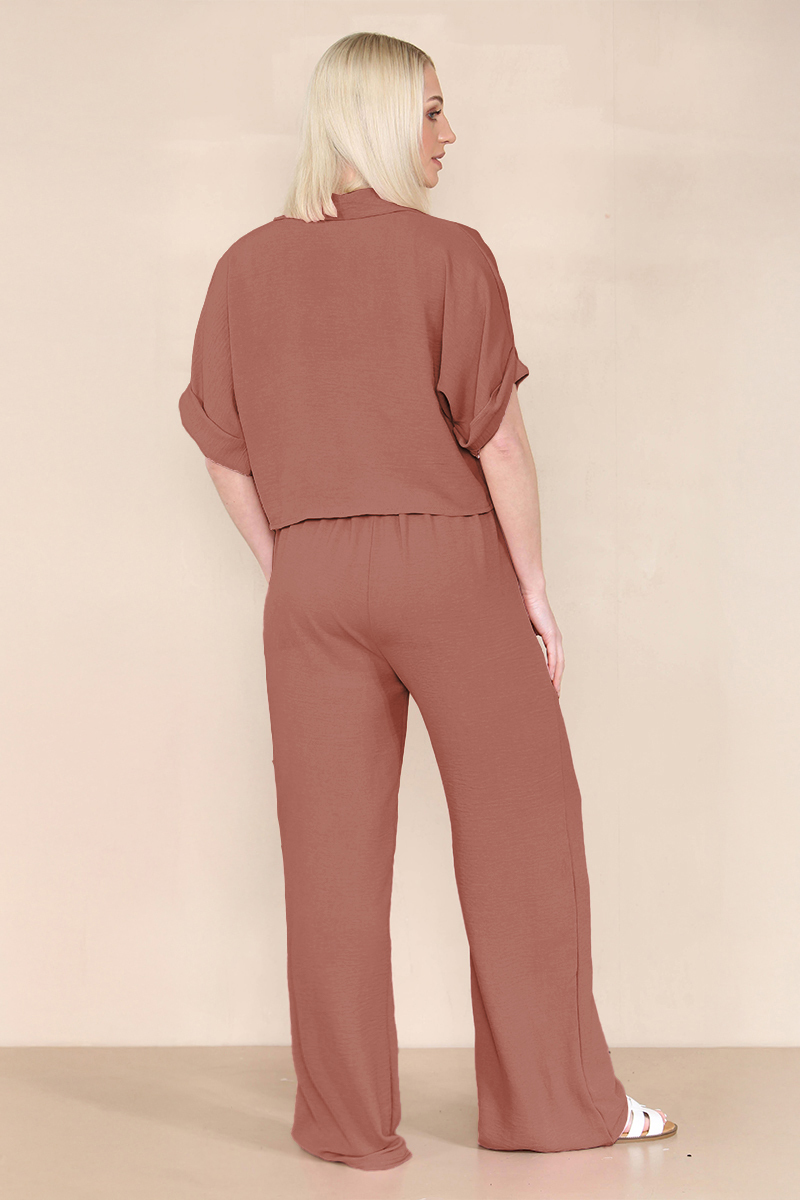 Women's Versatile Short Sleeve Button Crop Top & Wide Leg Trousers Co-ord