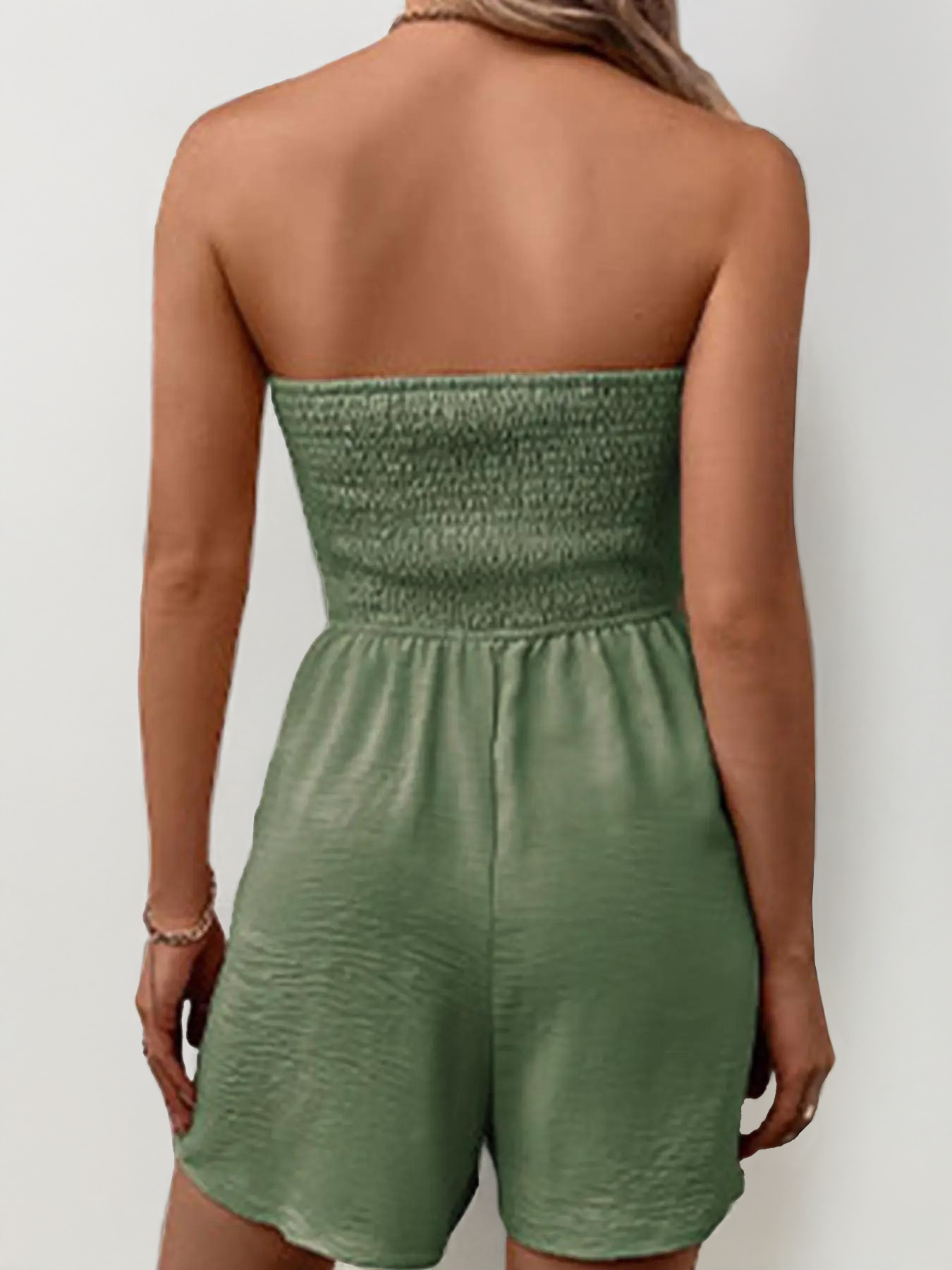 Summer Trendy Solid Color Shirred Partial Button Drawstring Sleeveless Playsuit
