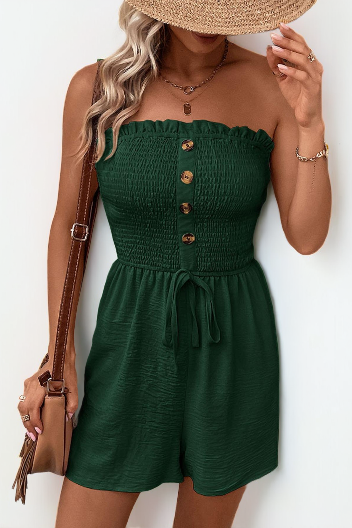 Summer Trendy Solid Color Shirred Partial Button Drawstring Sleeveless Playsuit