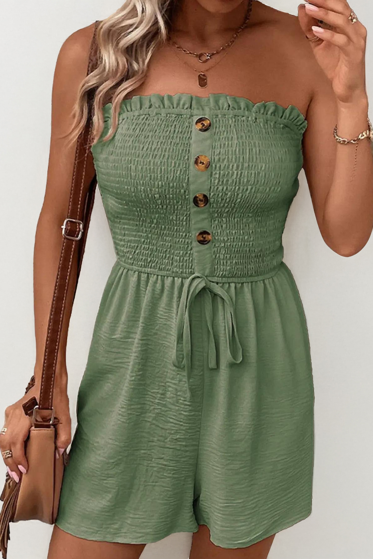 Summer Trendy Solid Color Shirred Partial Button Drawstring Sleeveless Playsuit