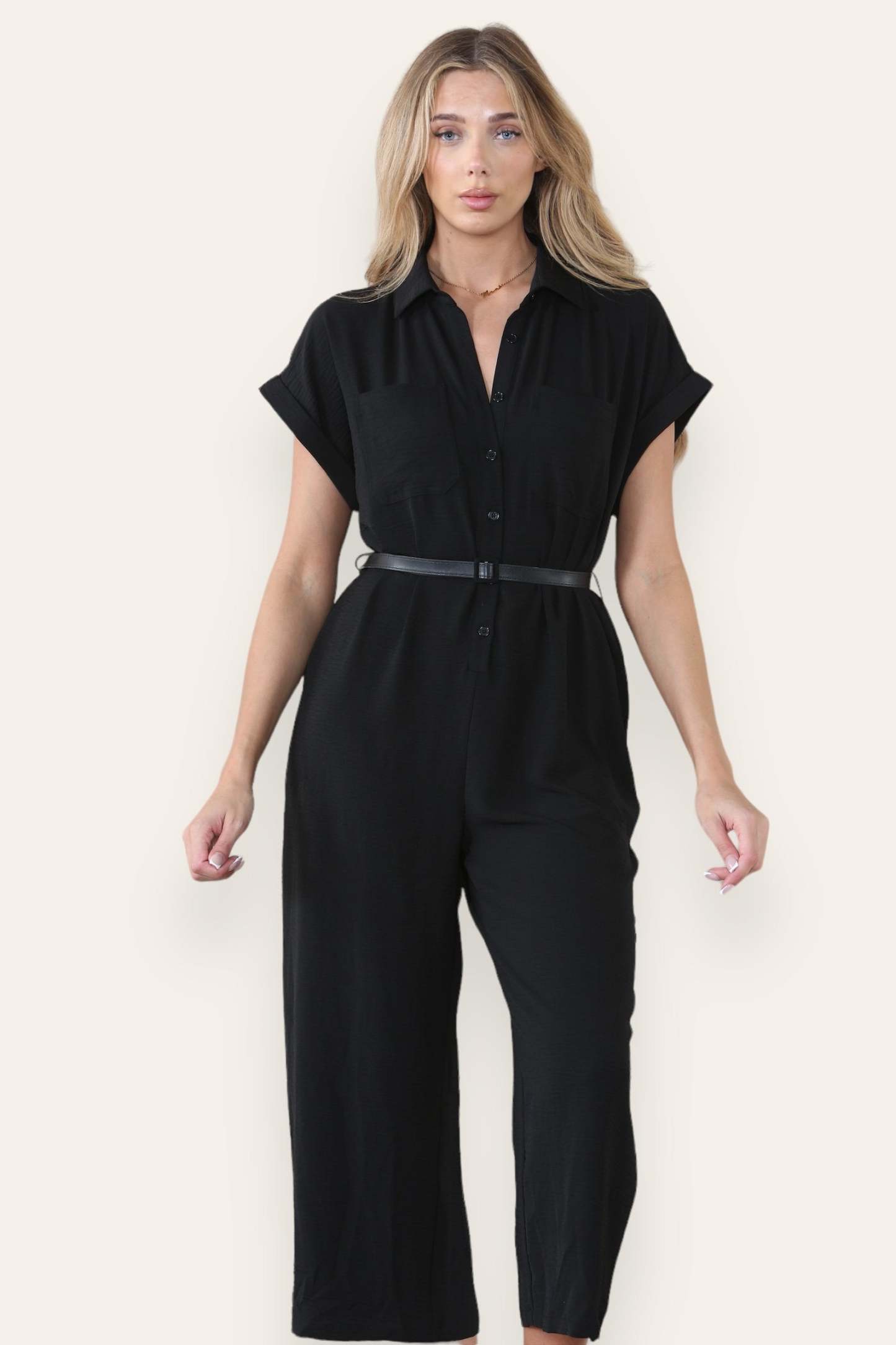 Collared Neck Partial Button Jumpsuit With Matching Belt-KATCH ME