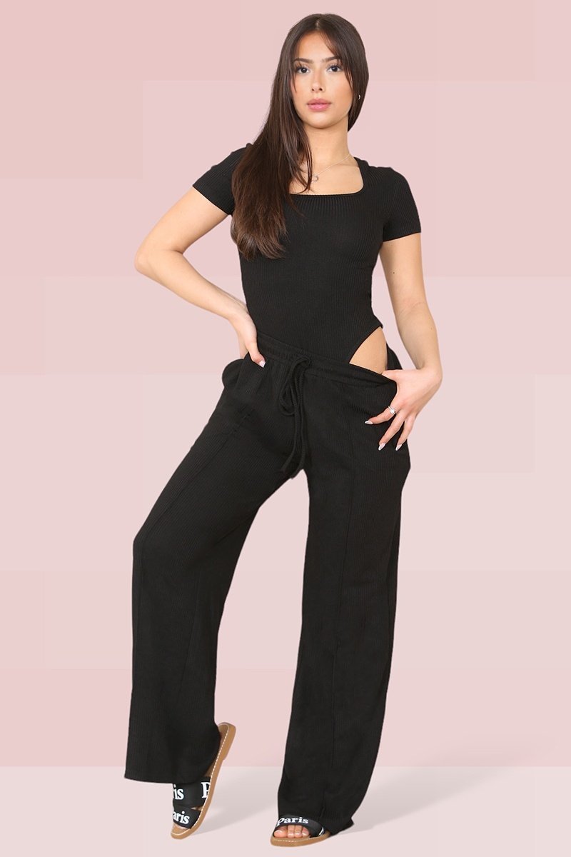 Trendy Square Neck Shaping Bodysuit & Wide Leg Trousers Co-ord-KATCH ME