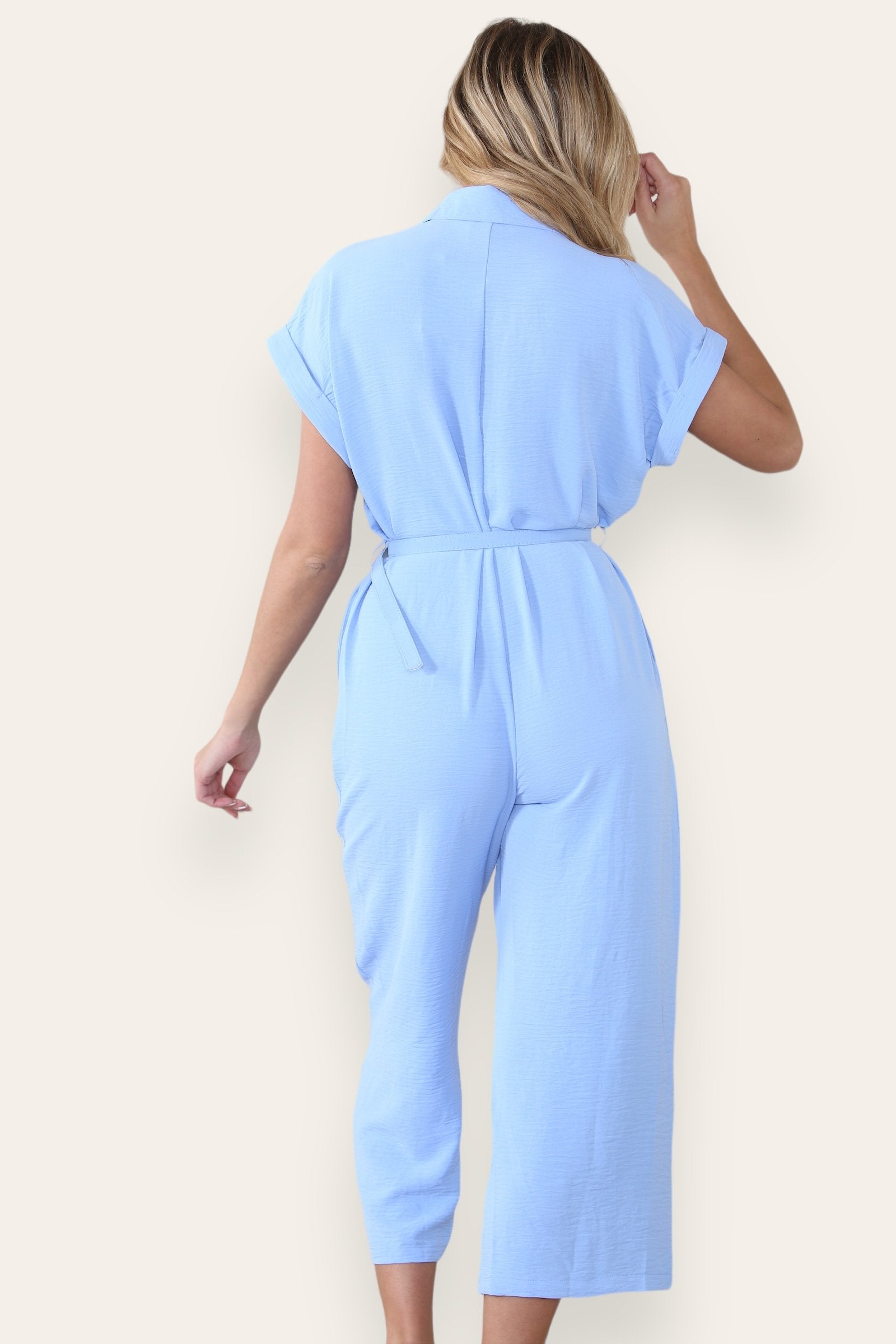 Collared Neck Partial Button Jumpsuit With Matching Belt-KATCH ME