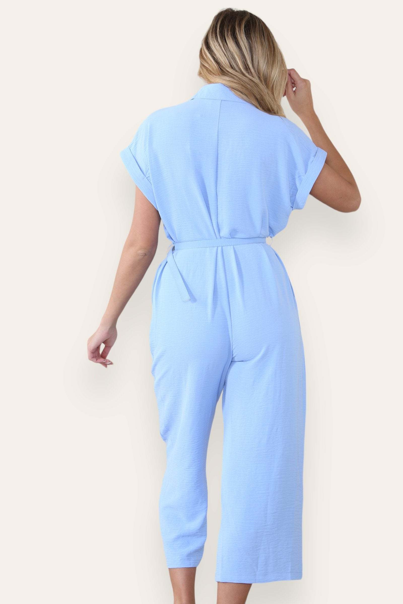 Collared Neck Partial Button Jumpsuit With Matching Belt-KATCH ME