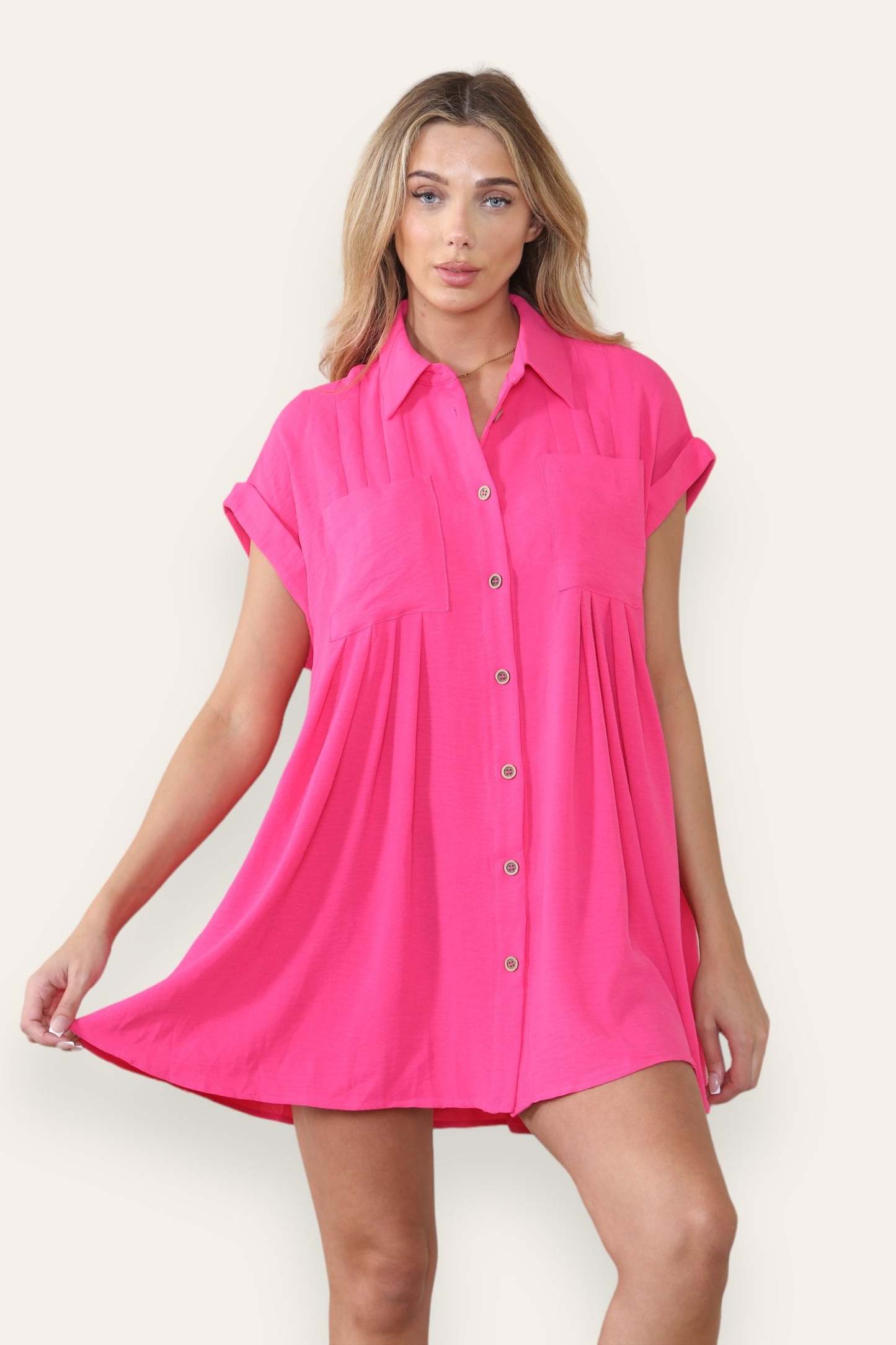 KATCH ME Women's Plain Collared Neck Short Sleeve Button-Up Ruched Shirtdress Dress 28.99