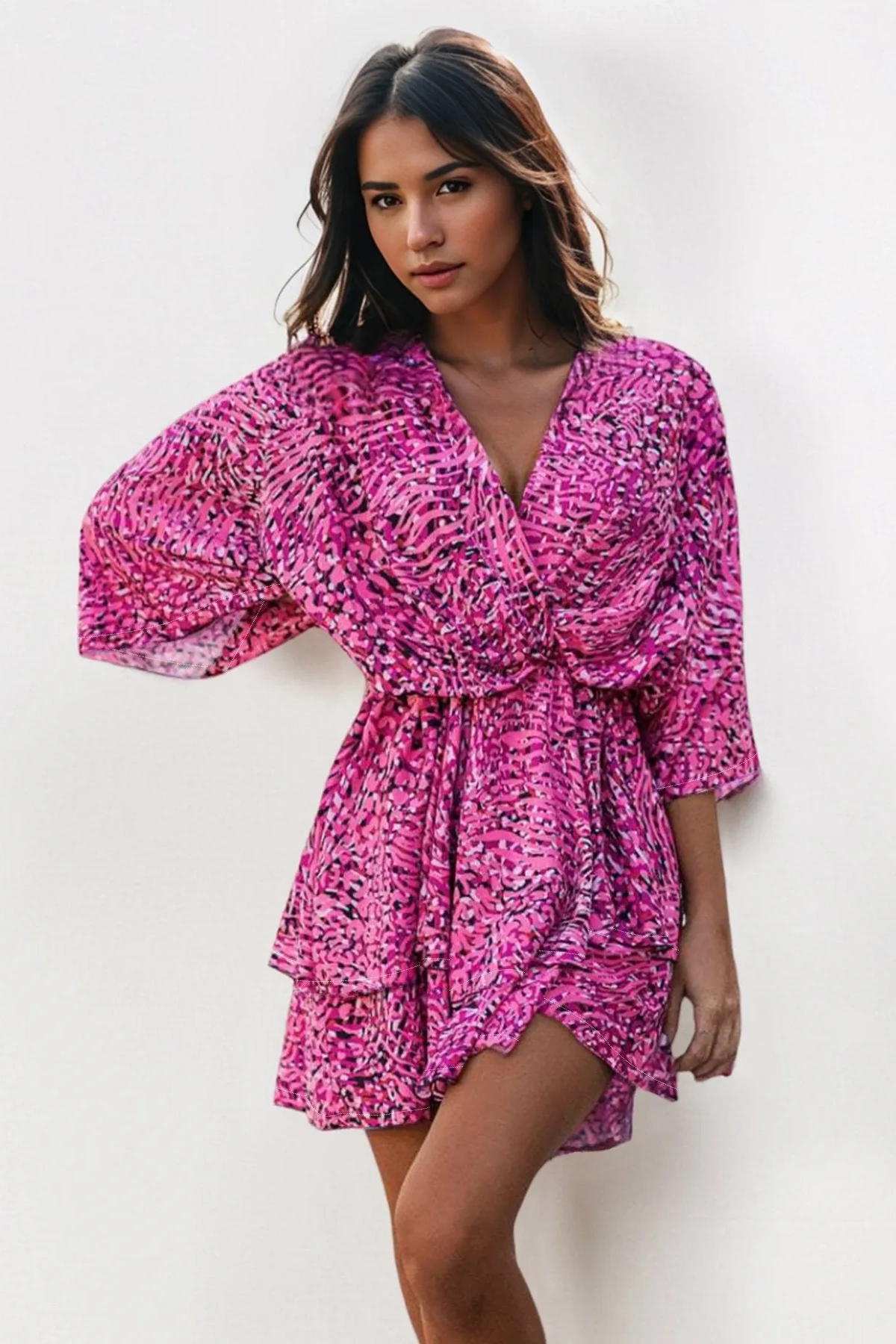 Lovely Allover Print V-Neck Twist Front Batwing Sleeve Tiered Mini Dress