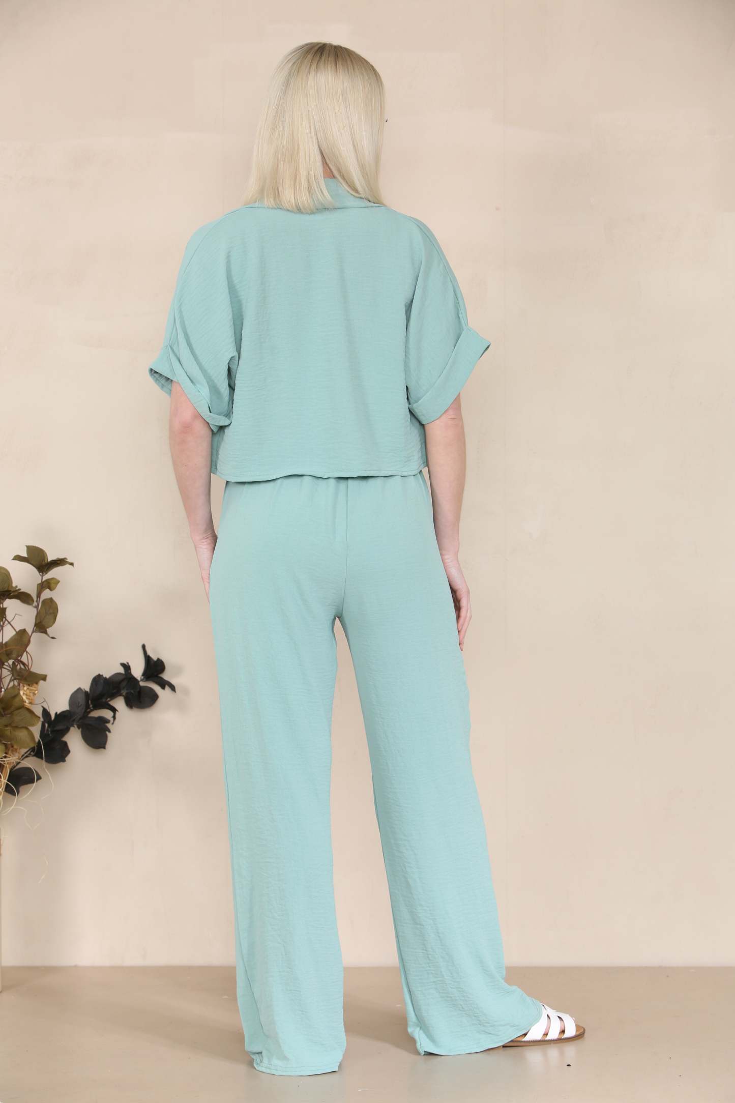 Women's Versatile Short Sleeve Button Crop Top & Wide Leg Trousers Co-ord-KATCH ME