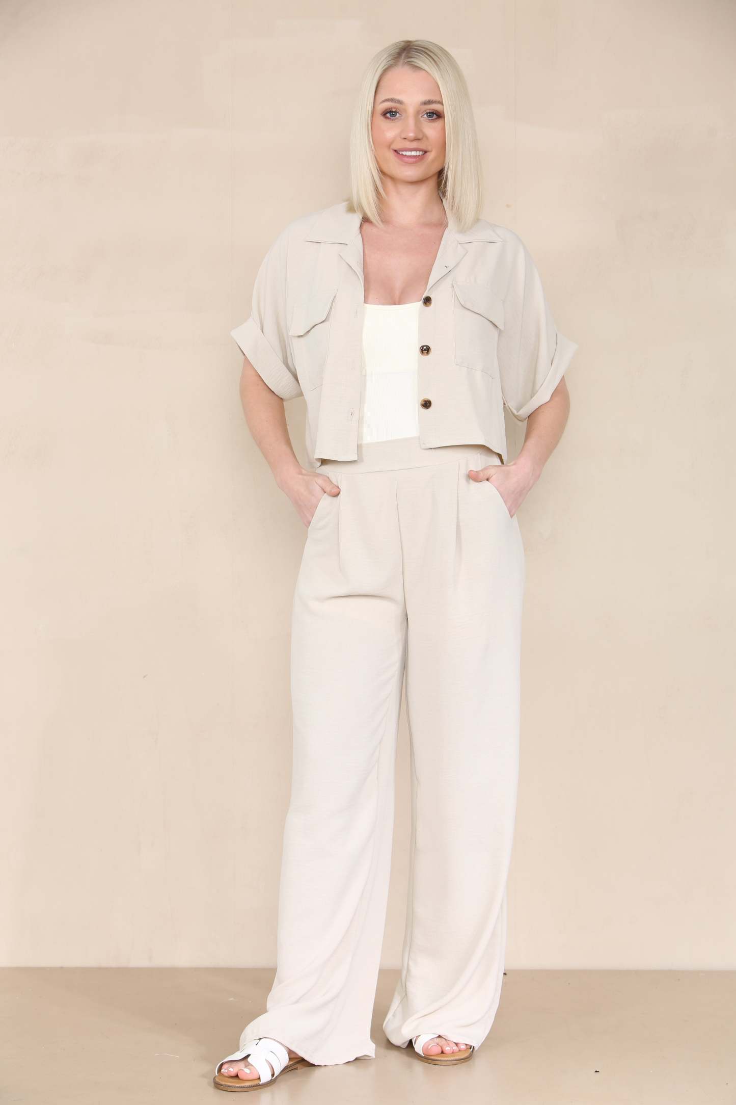 Women's Versatile Short Sleeve Button Crop Top & Wide Leg Trousers Co-ord-KATCH ME