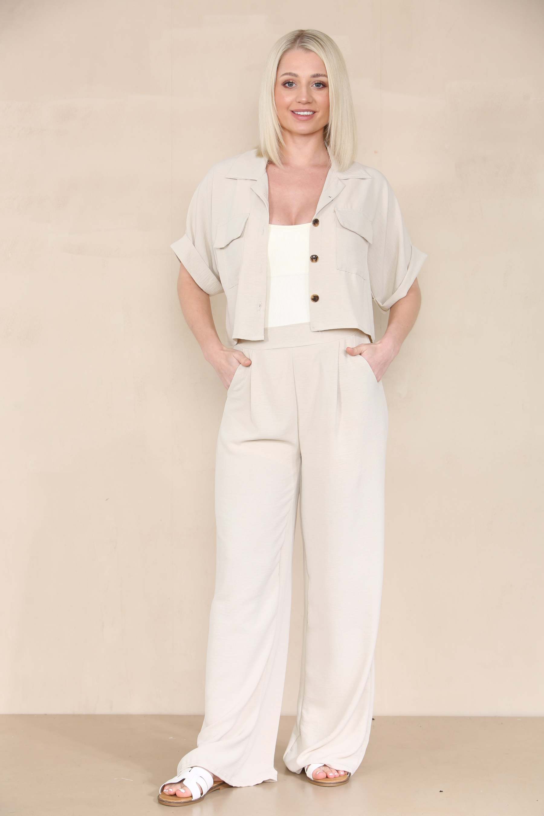 Women's Versatile Short Sleeve Button Crop Top & Wide Leg Trousers Co-ord-KATCH ME