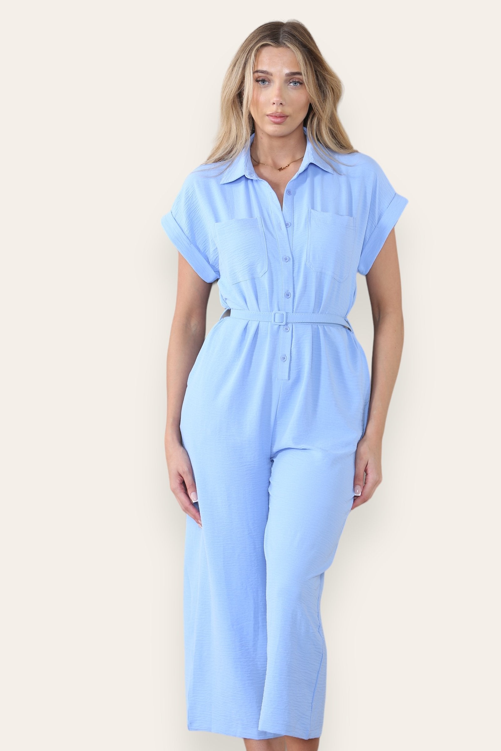 Collared Neck Partial Button Jumpsuit With Matching Belt-KATCH ME