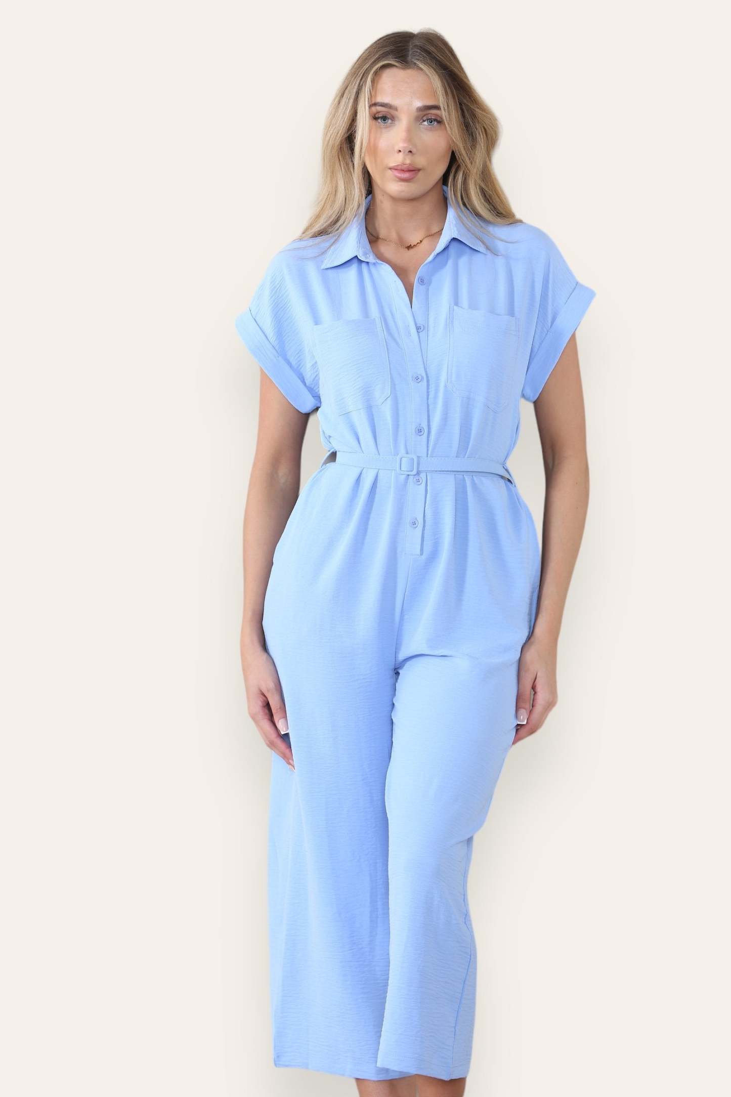 Collared Neck Partial Button Jumpsuit With Matching Belt-KATCH ME