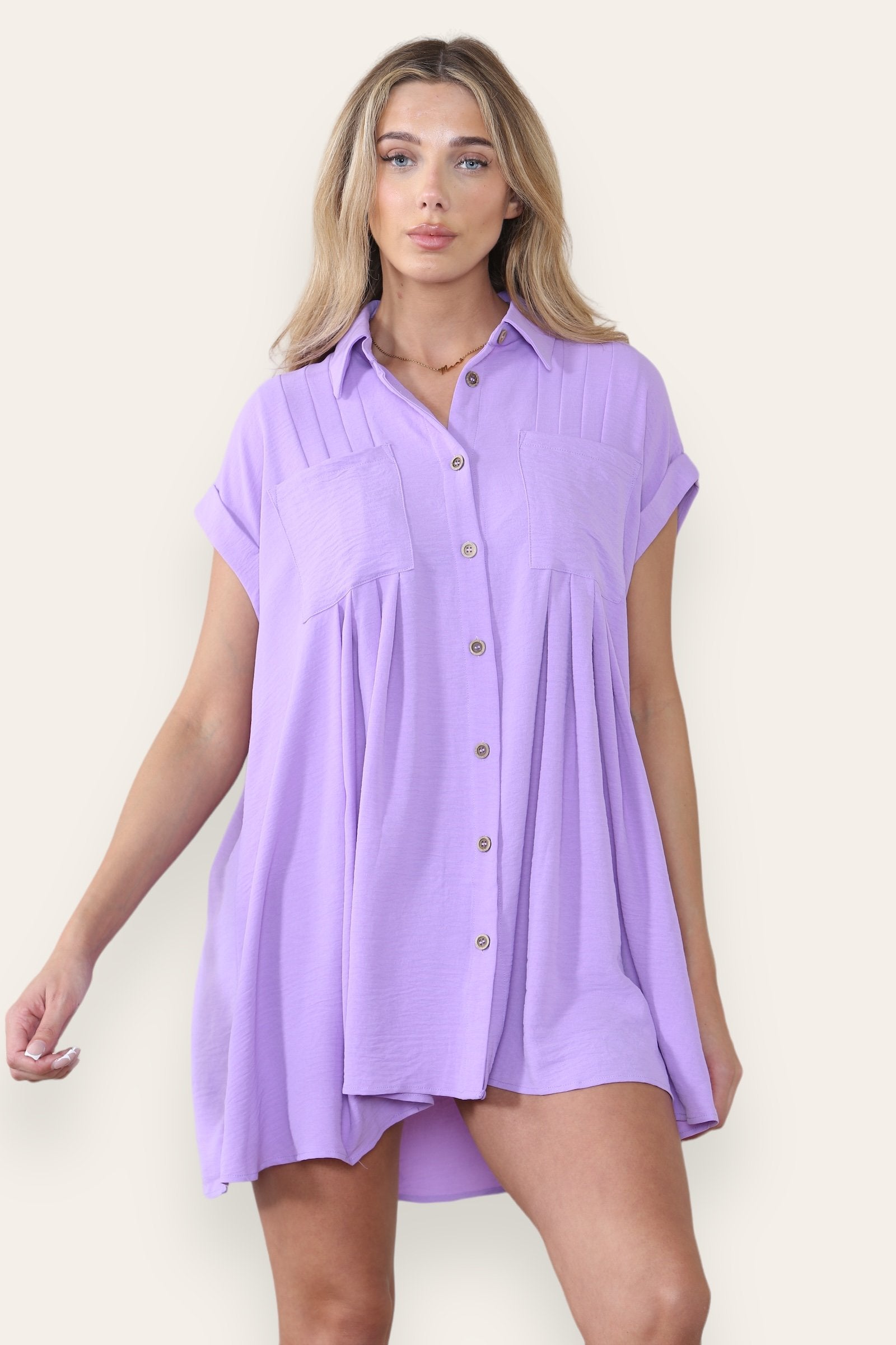 KATCH ME Women's Plain Collared Neck Short Sleeve Button-Up Ruched Shirtdress Dress 28.99