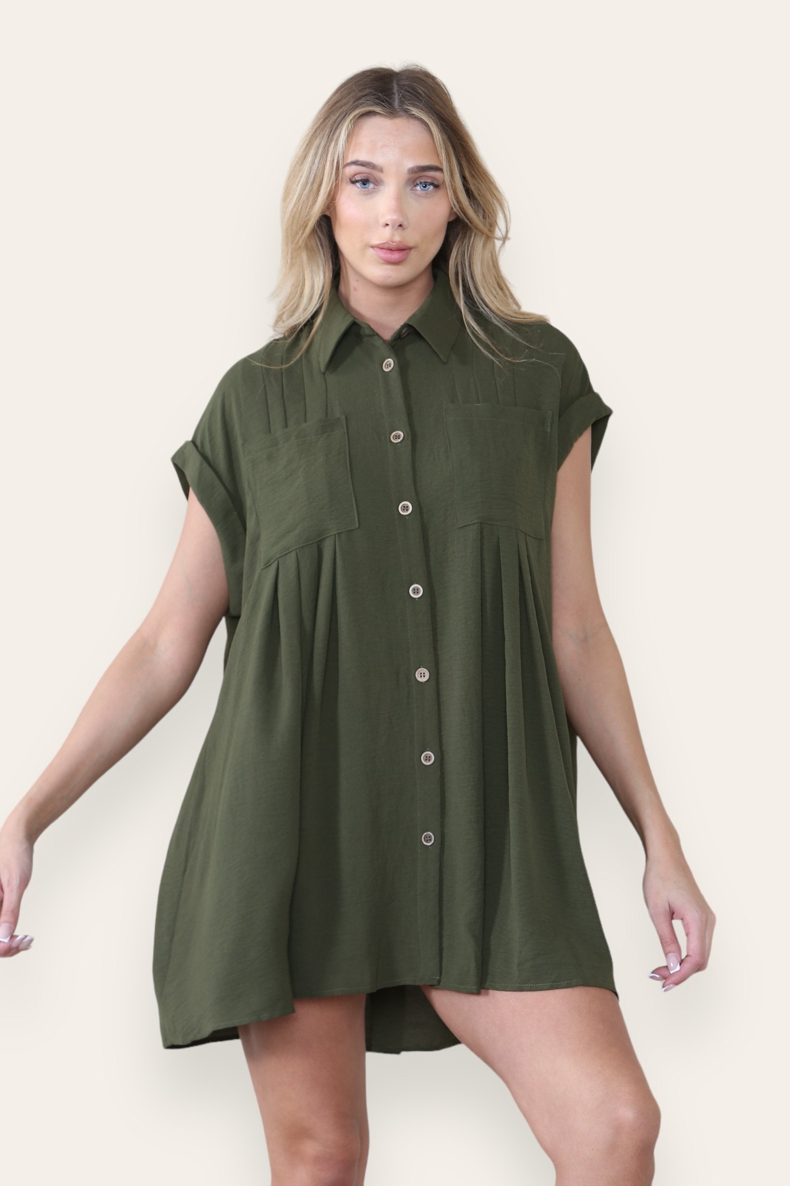 KATCH ME Women's Plain Collared Neck Short Sleeve Button-Up Ruched Shirtdress Dress