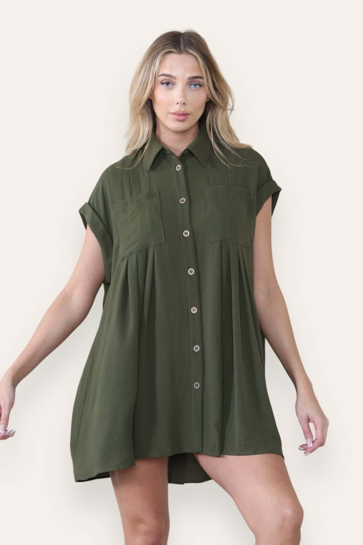 KATCH ME Women's Plain Collared Neck Short Sleeve Button-Up Ruched Shirtdress Dress