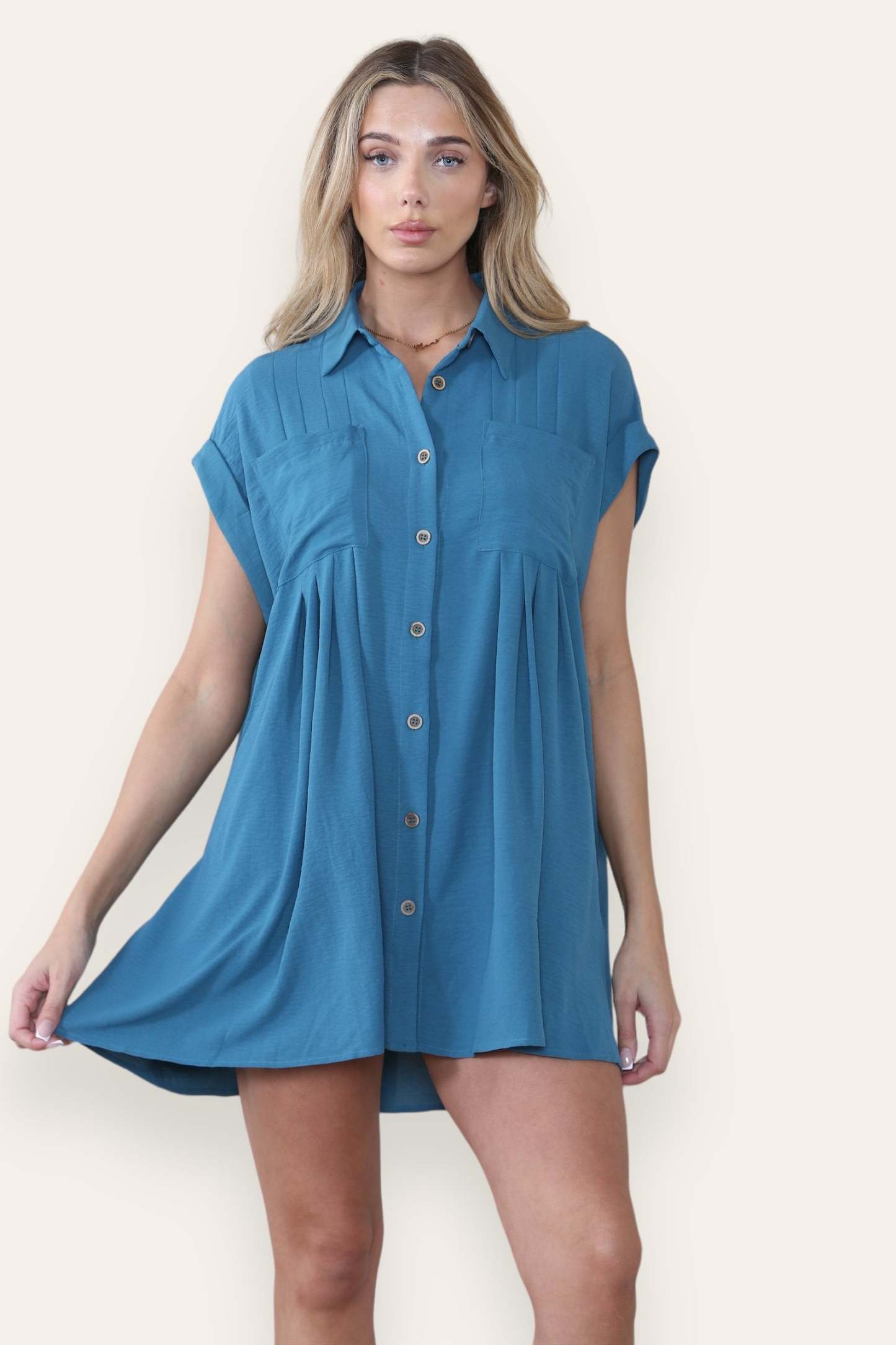 KATCH ME Women's Plain Collared Neck Short Sleeve Button-Up Ruched Shirtdress Dress