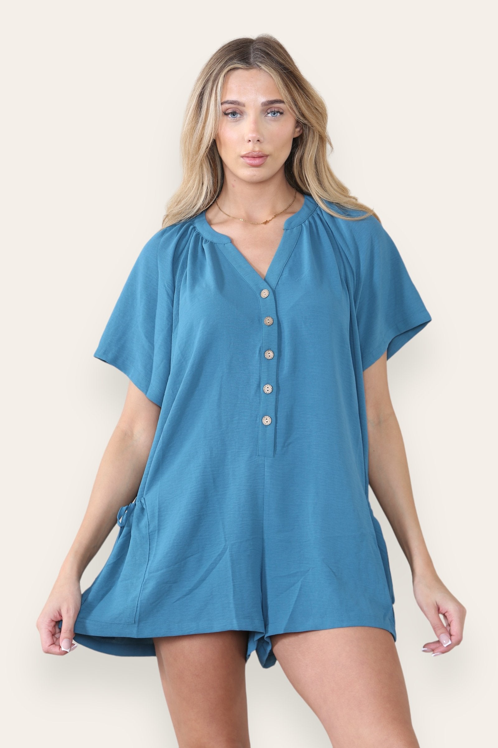 KATCH ME Women's Plain V Neck Partial Button Baggy Pocket Playsuit Playsuit 19.00