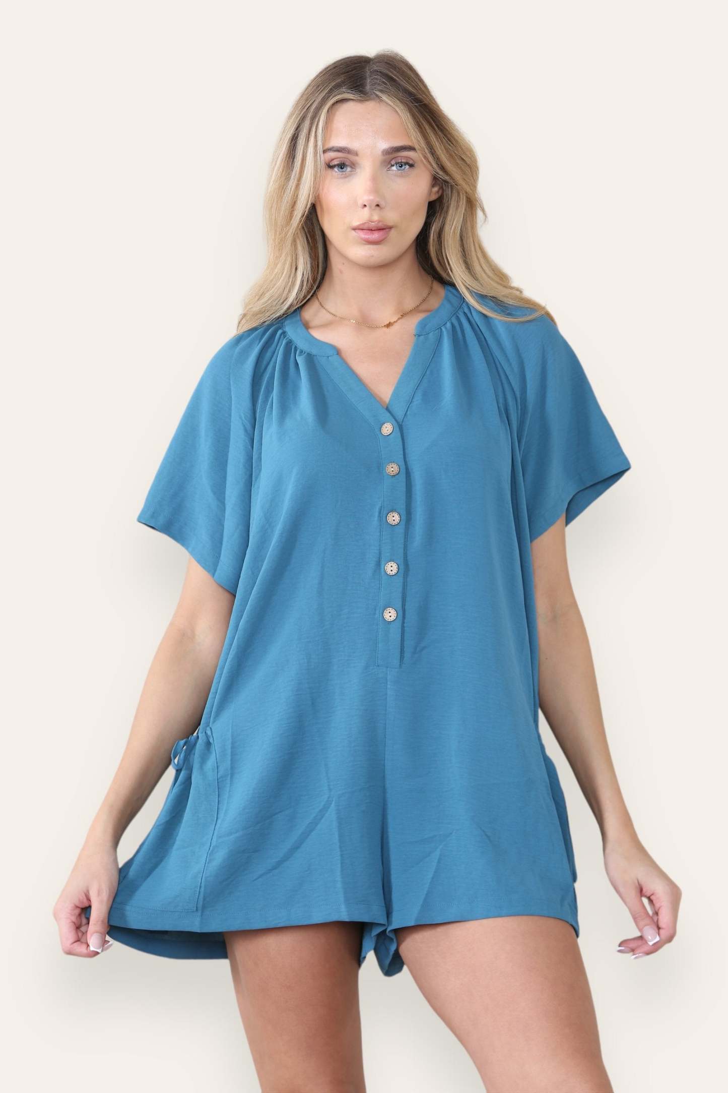 KATCH ME Women's Plain V Neck Partial Button Baggy Pocket Playsuit Playsuit 19.00