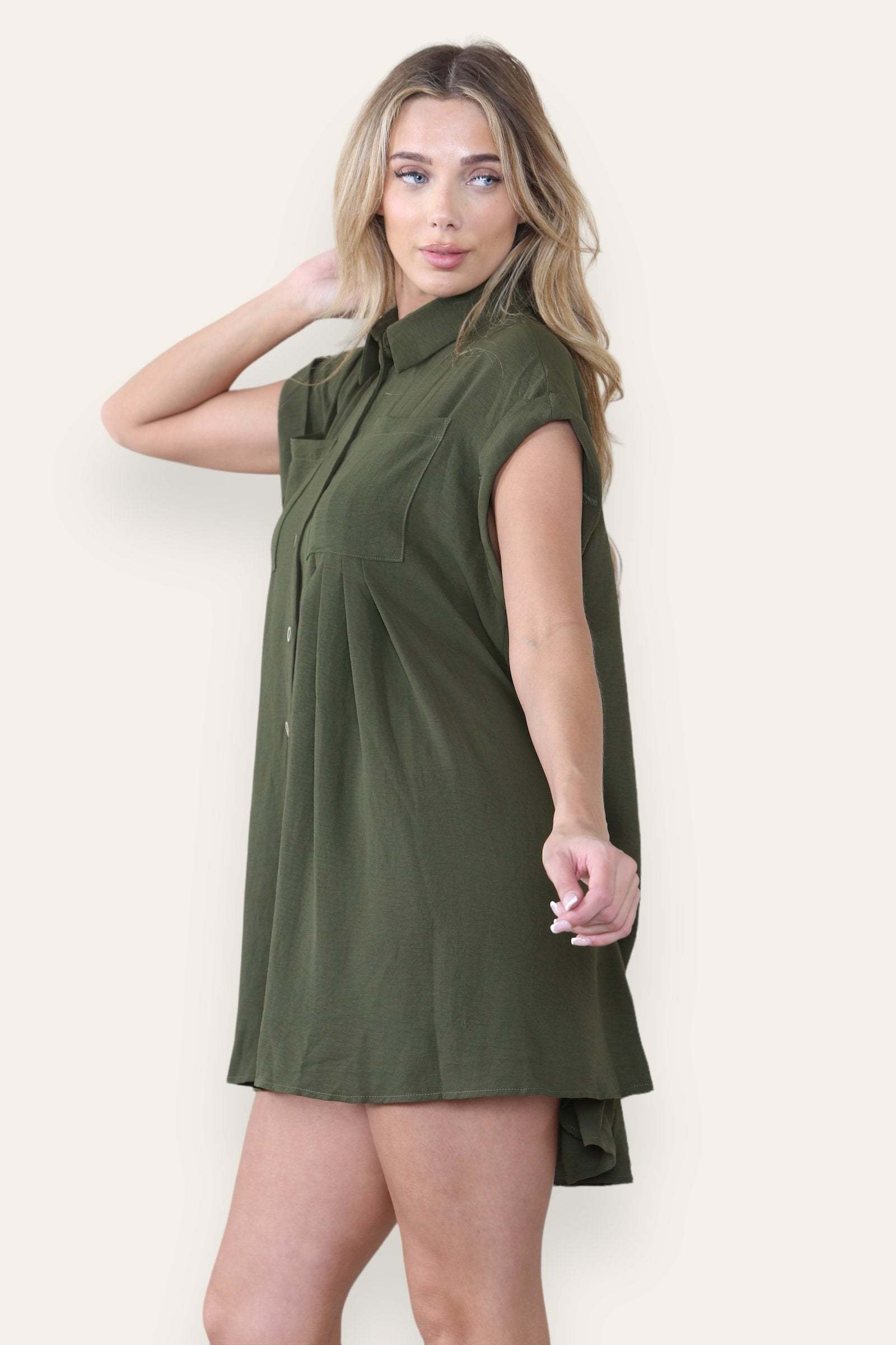 KATCH ME Women's Plain Collared Neck Short Sleeve Button-Up Ruched Shirtdress Dress
